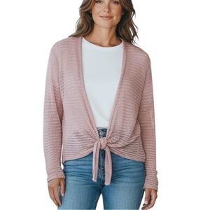 Le Moda Pink Open Knit Slinky Tie-Front Cardigan Sweater - Extra Extra Large